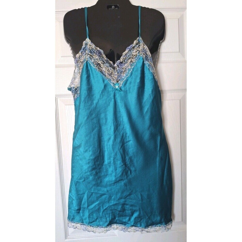 Vintage Undercover Wear Satin Slip Dress Chemise Large Teal Floral Lace Trim